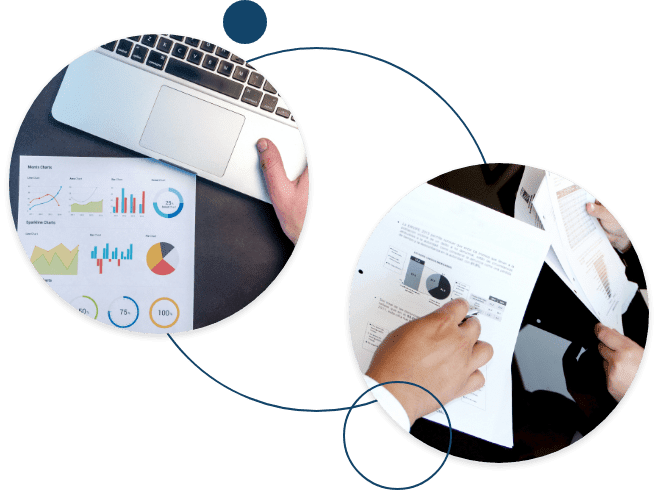 2 images in a circles surounded by a blue outlined circle connecting them both 1st circle img representing data: a laptop and a paper with some charts 2nd circle img representing documents: Hand covering a paper with charts and someone else holding other papers in the background